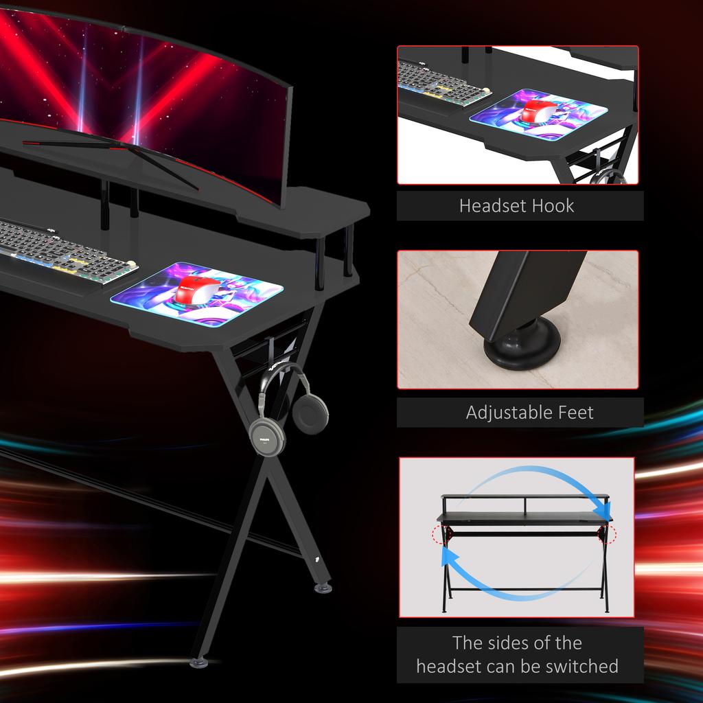 Gaming Desk Writing Racing Computer Table Workstation with Headphone Hook Curved Front Adjustable Feet for Home Office Use 140 x 60cm