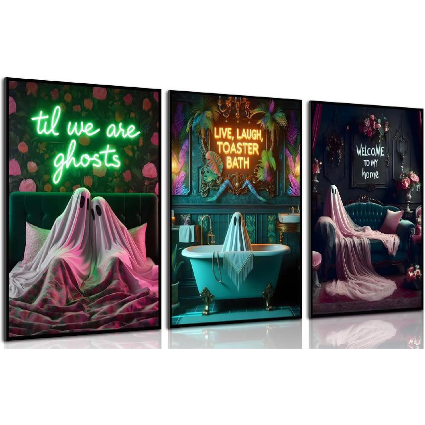 3Pcs Halloween Neon Bathroom Wall Art Tropical Ghost Dying To Relax Painting Picture Wall Decor Fashion Funny Gothic Ghost Toaster Poster Print
