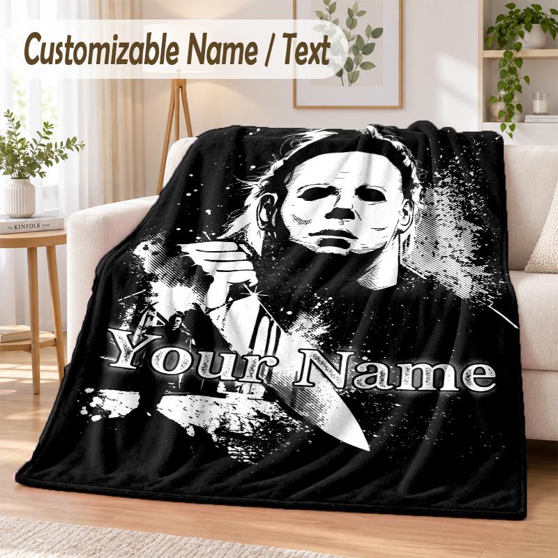 Halloween Michael Myers Custom Name Flannel Throw Blanket Soft Warm for Sofa Bed Indoor Home Use