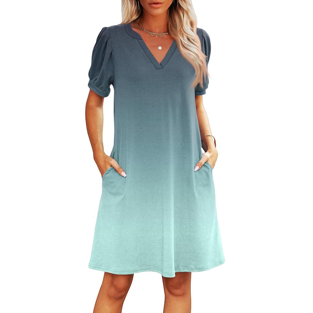 Women's Summer V-Neck Casual Beach Dresses Pod Short Sleeve Gradient Printed Dresses