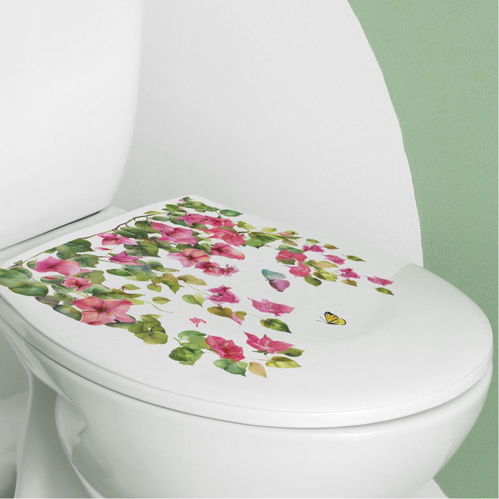 Self-adhesive Toilet Sticker Flower Painting Floral Wall Decals Bathroom Decor Removable Home DIY Sticker Decorative Wall Decals