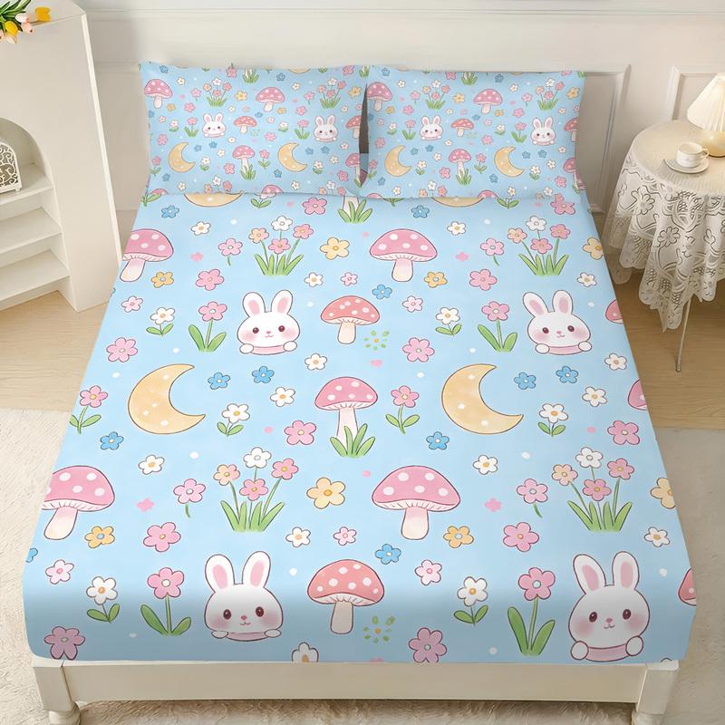3pcs Color Cartoon Mushroom Print Coreless Bed Sheet Set, Multi Size Soft Bed Cover, Bedroom Bedding Decoration, Washable