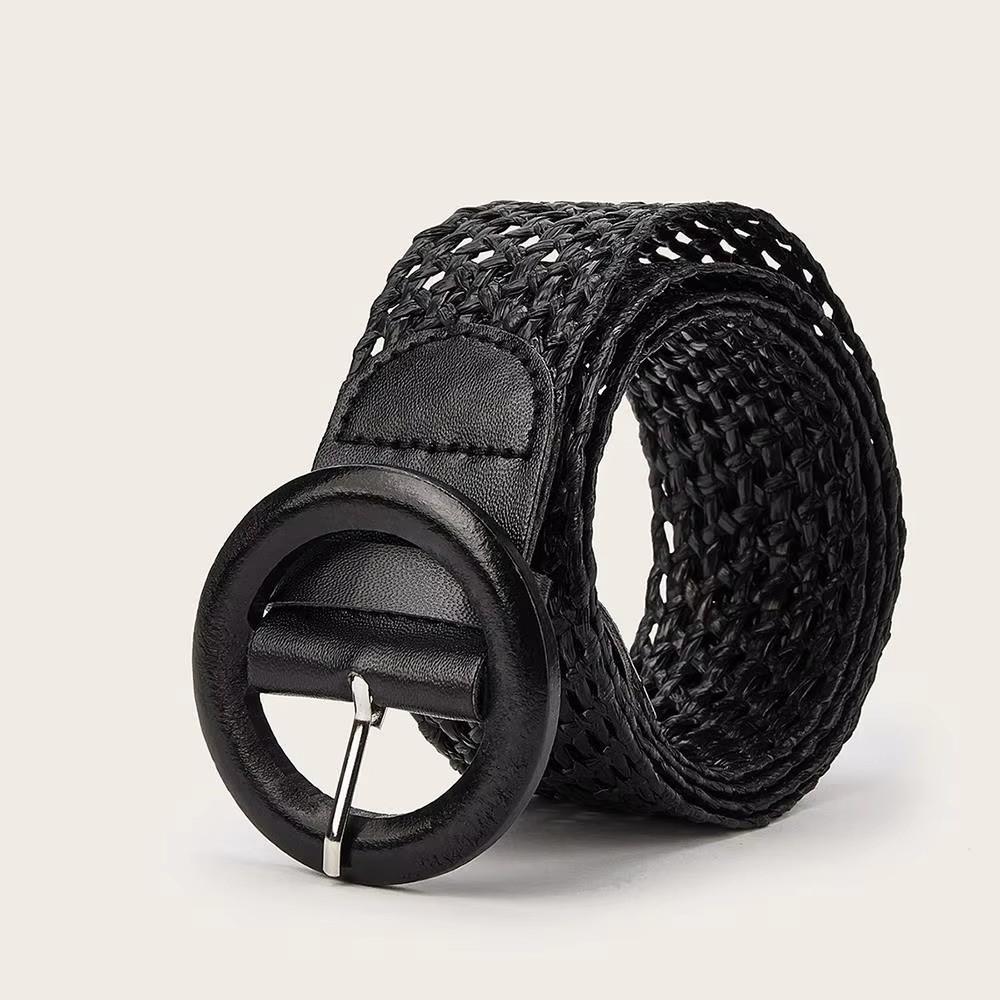 Round Buckle Waist Belt Straw Braided Belt Retro Woven Waistband for Holiday