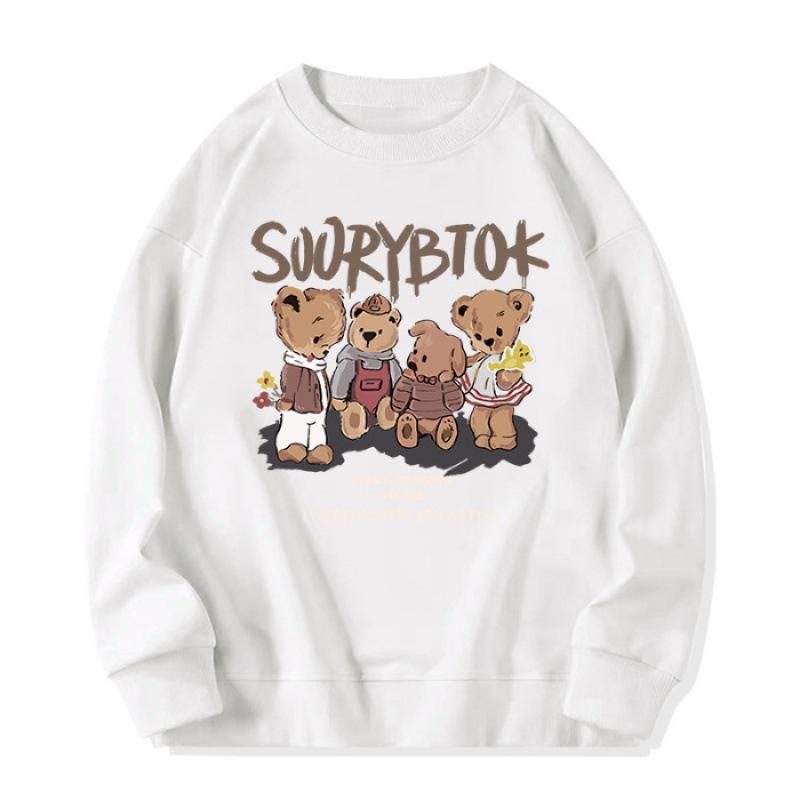 Trendy Retro Cartoon Bear Hoodie: Women's Loose Fit, Round Neck, Plus Velvet, Korean & Hong Kong Style, White & Gray, for Spring & Autumn