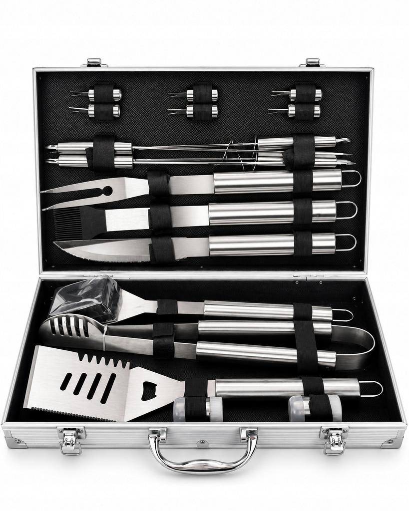 18 Piece Grill Set with Case, Stainless Steel, Bbq Accessories, Tongs, Knife
