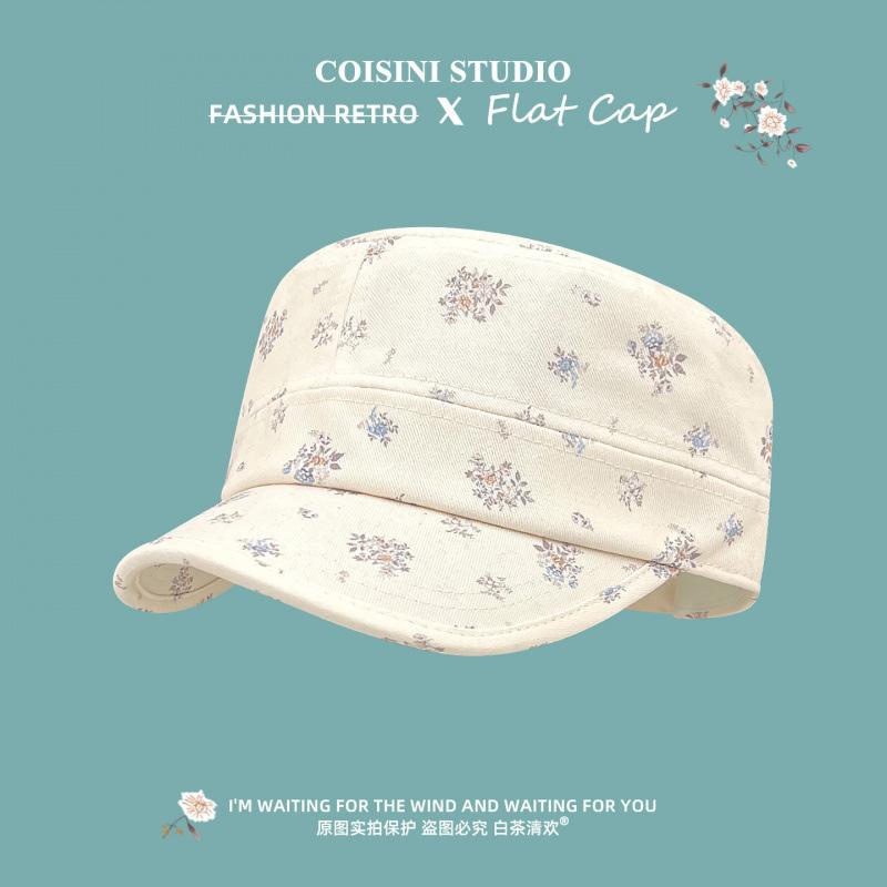 Retro floral flat top cap women's spring and summer new fashionable versatile face small fresh travel equestrian hat