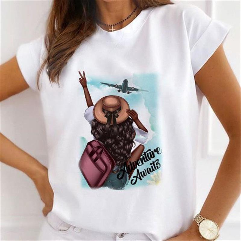 Summer Floral Girl Printed Base Shirt Cute Cartoon Round Neck Plus Size Pure Cotton Short Sleeved Top T-Shirts Women’s