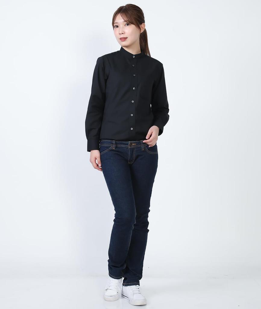 Seven Uniform GH7021-9 Black Medium Long Sleeve Stand Collar Shirt, Oxford Cloth, Restaurant Uniform