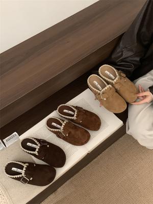 Ретро платформа лоферы тапочки женские осенние литературные с пряжкой и бархатным верхом на одном педале сумка с головкой