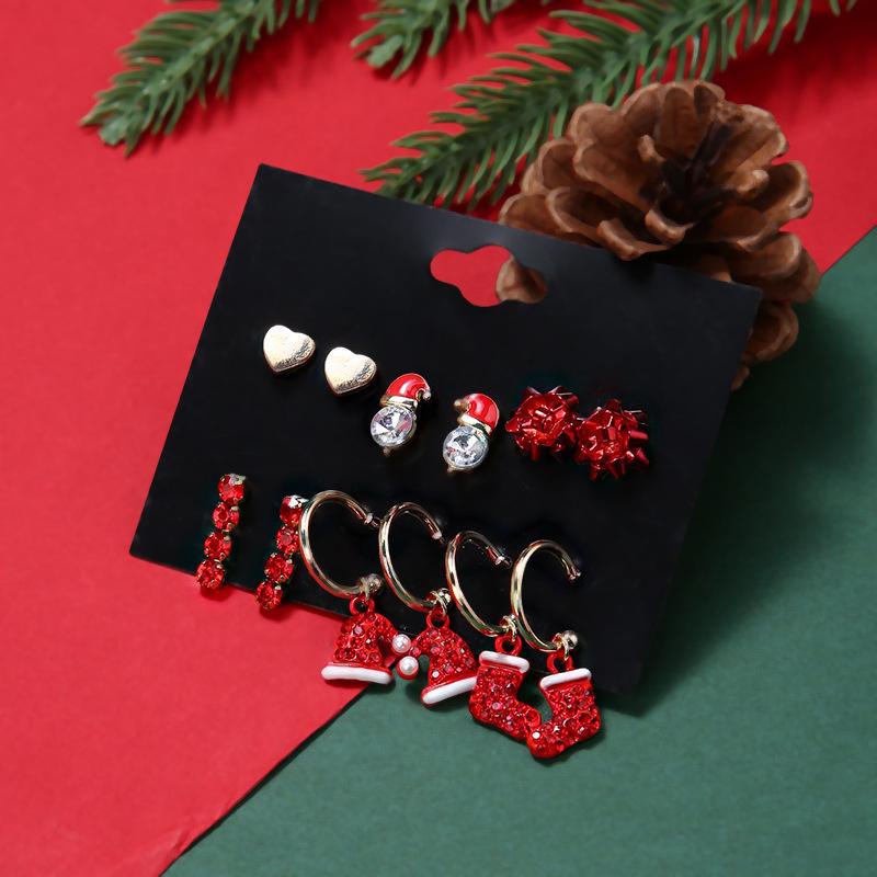 Christmas Stud Earrings Combination New Cartoon Holiday Alloy Dripping Elk Old Man Bell Earrings Set
