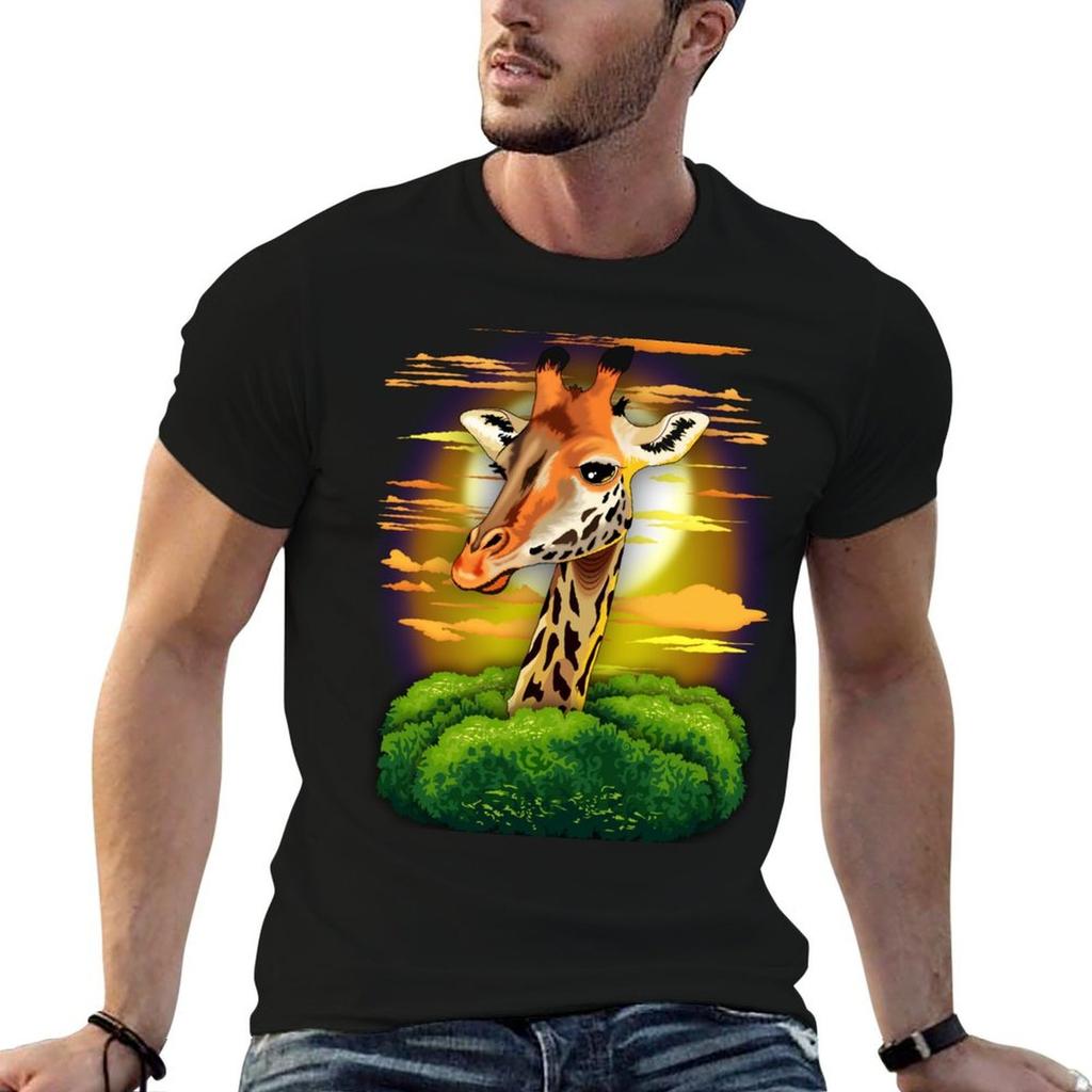 Giraffe on Wild African Savanna Sunset T-Shirt Work Wear Lightweight Tee