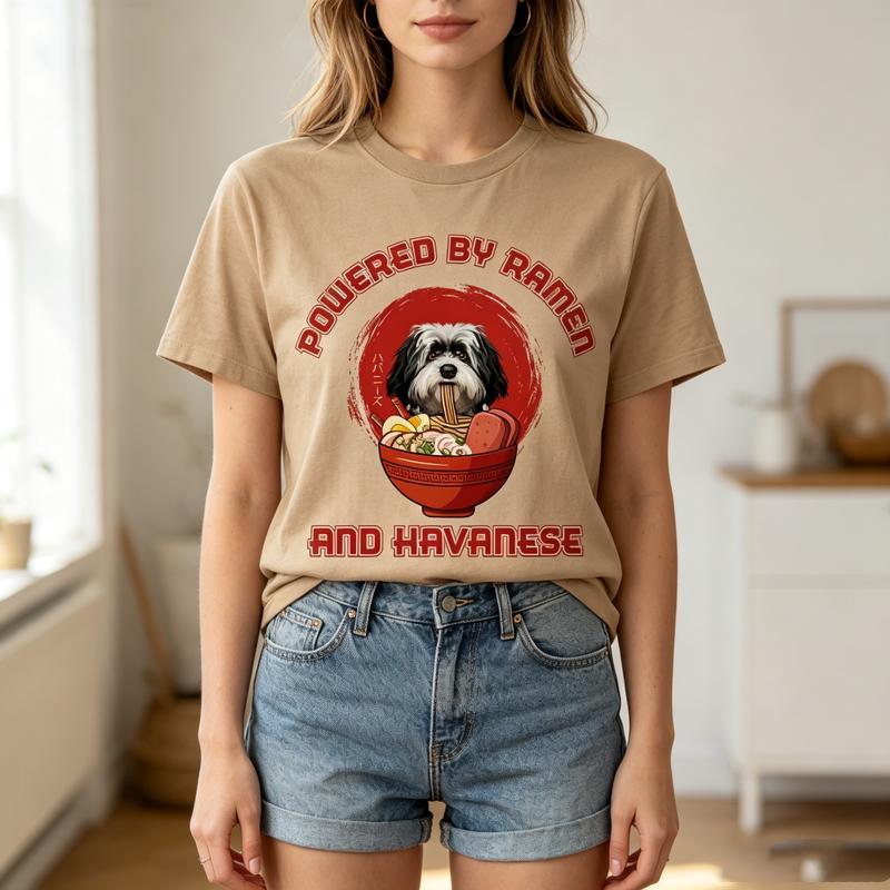 Classic Havanese Ramen T Shirt Retro Dog Ramen Art Print Unisex Cotton Crew Neck Short Sleeve Casual Top For Everyday Cute Style