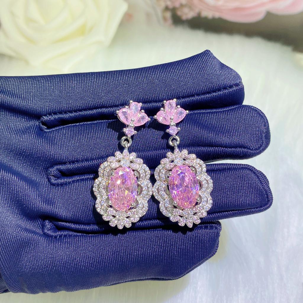 Luxury Premium Sense Sweet Pink Diamond Necklace Open Ring Full Diamond Stud Earrings Color Treasure Bracelet Cherry Blossom Powder