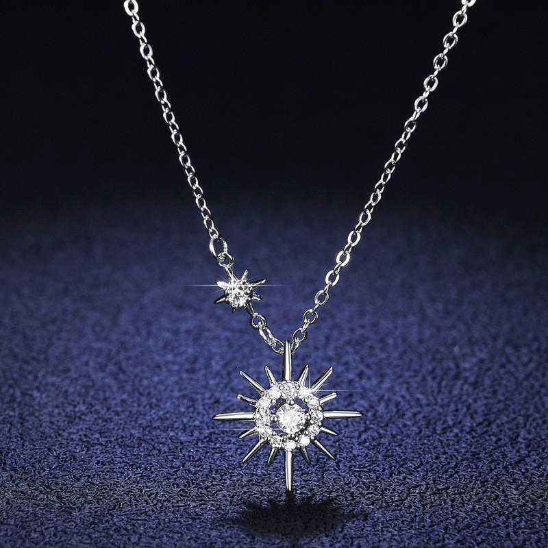 Sterling Star Moon Pendant Necklace Women Six Point Constellation Charm Delicate Chain