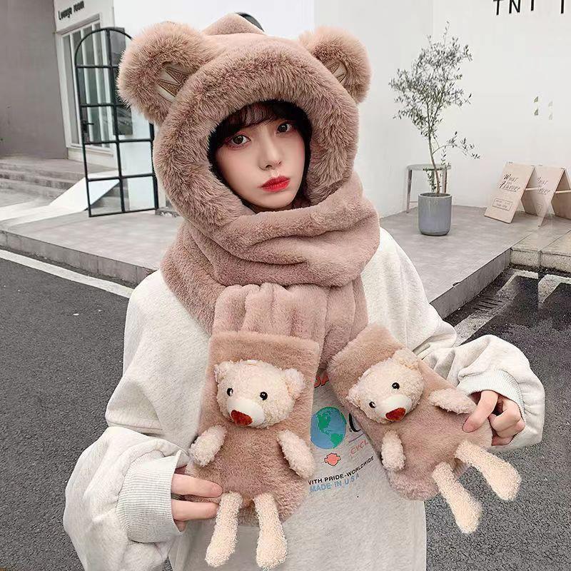 "Women's Winter Little Bear Hat, Scarf, and Gloves Set - Stylish and Warm"
