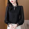 Stylish Black Chiffon Chinese Style Shirt with Long Sleeves & Stand-up Collar Embroidery Women's Spring Blouse