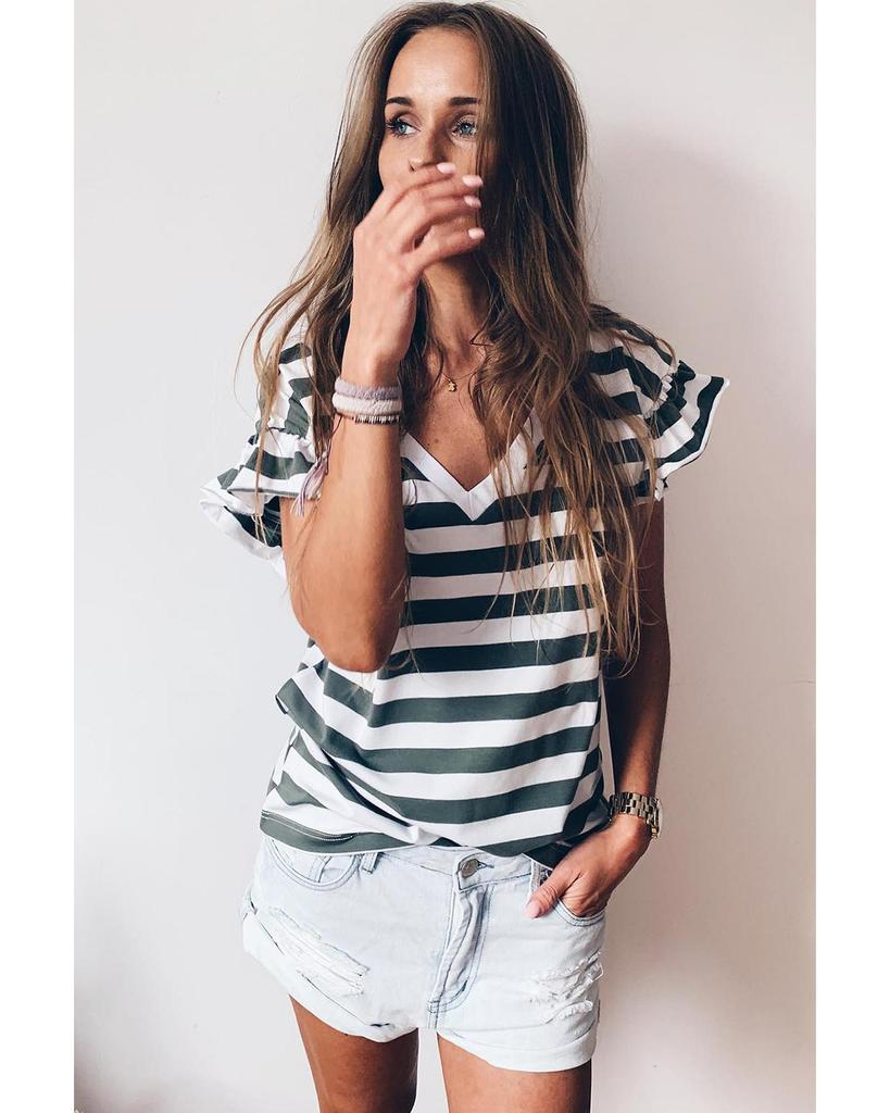 Azura Exchange Sea Green Striped V Neck Ruffle Sleeve Top