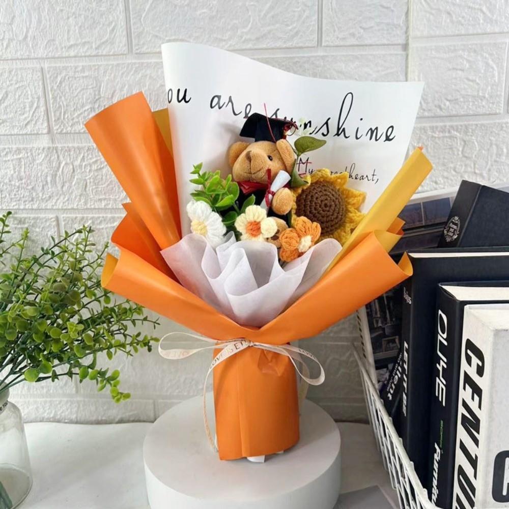 New Lovely Bear Simulated Flower Bouquet Crochet Sunflower Handmade Sunflower Flowers Animal Bouquet Graduation Ceremony