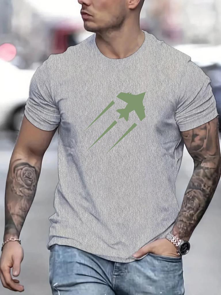 Men's Summer 100%cotton Fashionable Casual Sports Loose Airplane Pattern Printed Round Neck Short Sleeved T-shirt Top