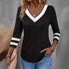 Футболка с V-образным вырезом и контрастной отделкой, повседневный топ с рукавами 3/4 для женской одежды на весну и осень