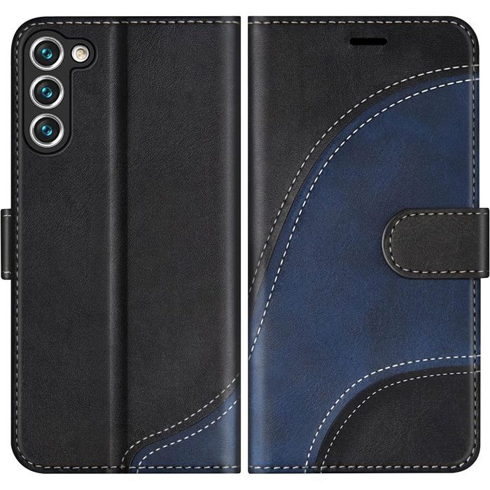 Coque de protection - BOOLING - pour Samsung Galaxy S25 Plus - Cuir PU Bicolore Noir/Bleu - Antichoc - Élégante