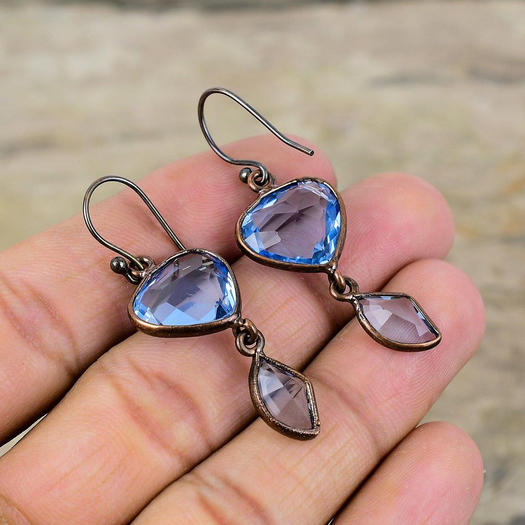 Граненые танзанитовые кварцевые серьги, медные серьги, изготовленные методом гальванопластики, серьги ручной работы с драгоценными камнями, ювелирные изделия, изготовленные методом гальванопластики, свадебный подарок, медные ювелирные изделия