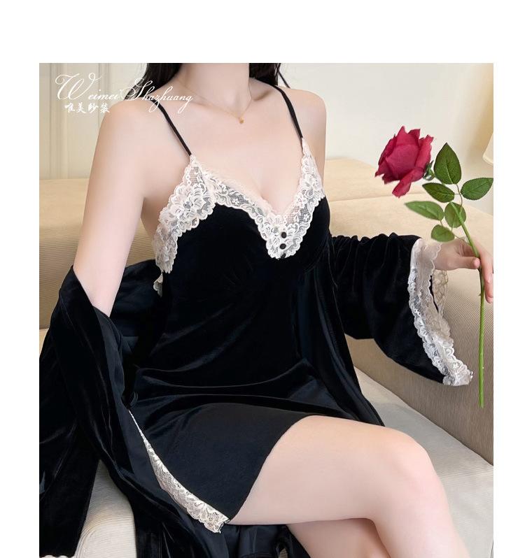 Sexy female autumn and winter new velvet slit suspender pure desire suspender nightgown set