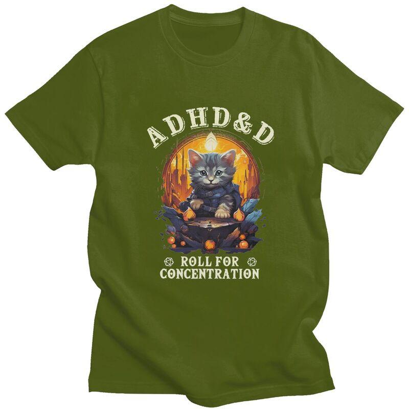 ADHD Roll For Concentration Cat Role Playing Game T Shirt for Men Pure Cotton Tshirt Streetwaer Short Sleeve Tee Shirt Clothing