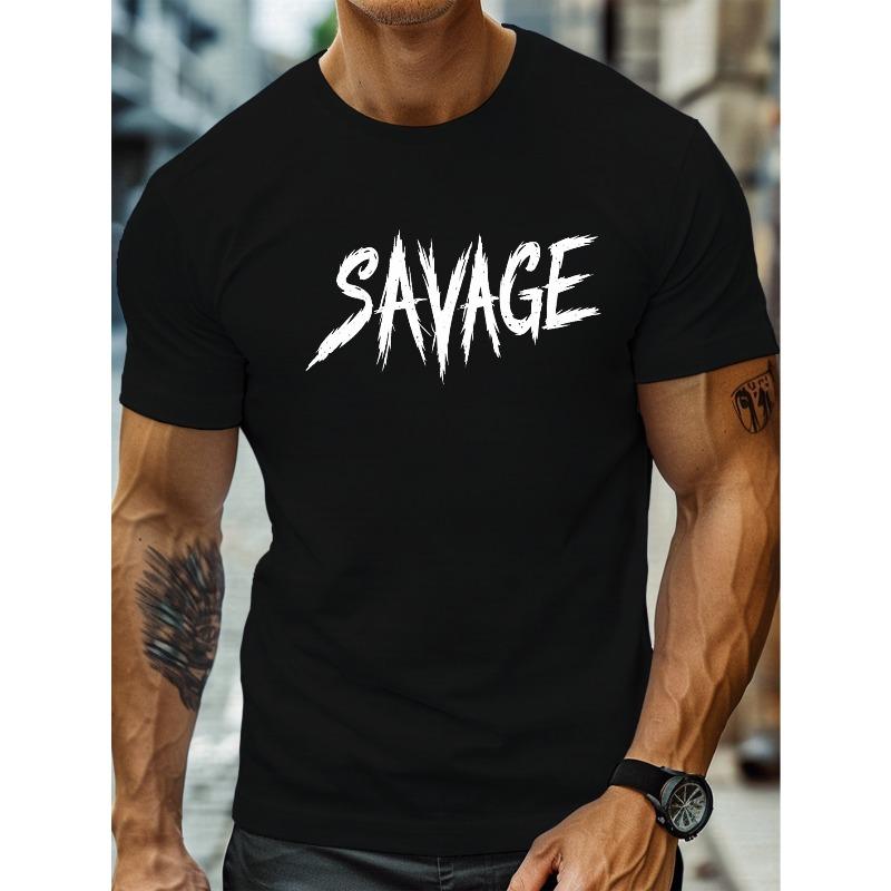 Мужская футболка "SAVAGE" европейского размера с смелым металлическим принтом - Повседневная с круглым вырезом, легкая хлопковая футболка, можно стирать в машине - Идеально для летнего стритвира