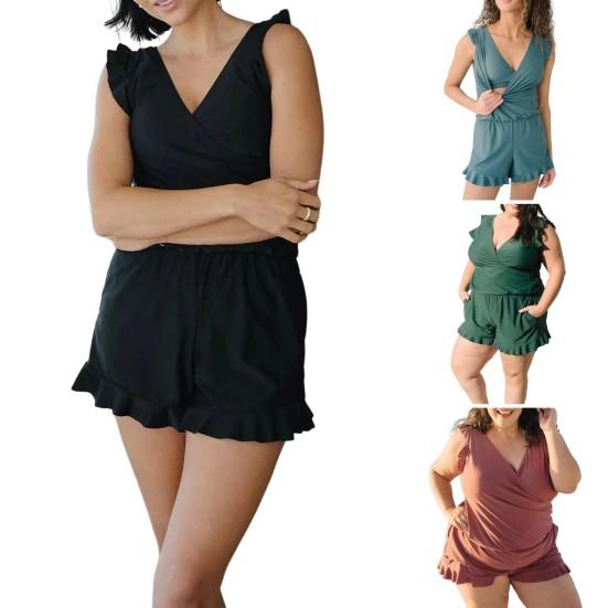 2Pcs/Set Women Swimsuit Set V-neck Sleeveless Ruffle Trim Quick Drying Monokini with Push-up Bra Set