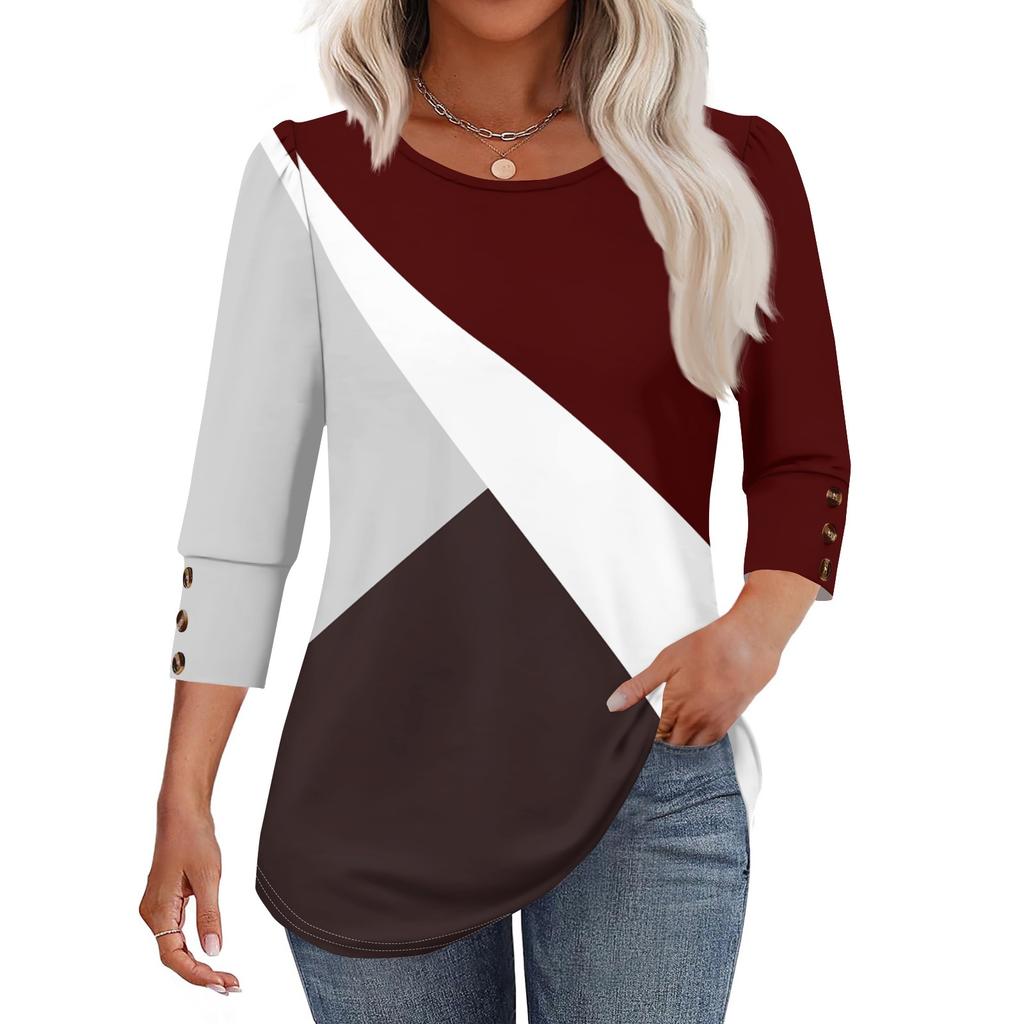 Женская модная повседневная футболка с цветными блоками, сшивная, с принтом, с круглым вырезом, с рукавами семь восьмых