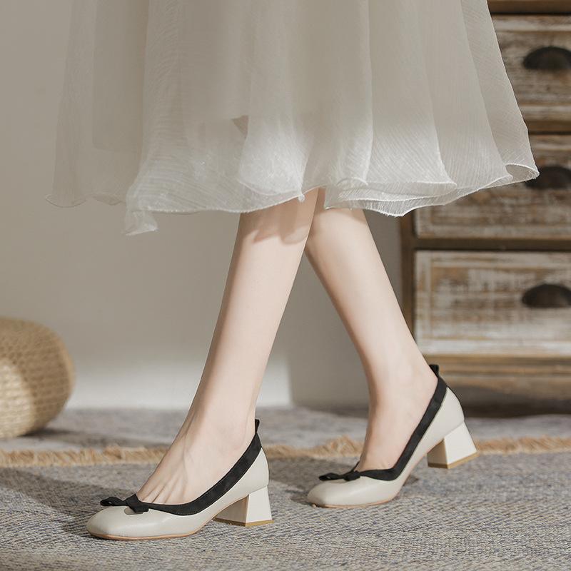 Bow Medium Heel Single Shoes Women's Light Mouth Color Matching Professional Shoes Commuter Women's Shoes