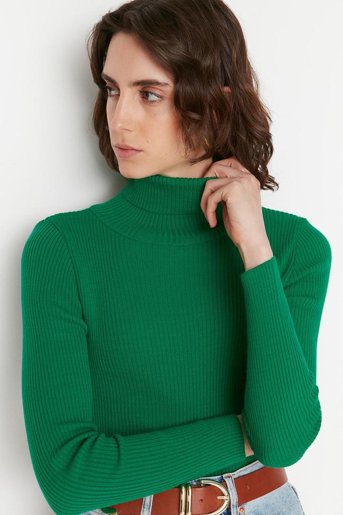 Women's Elegance Style Sweater Green Basic Turtleneck Knitwear Sweater