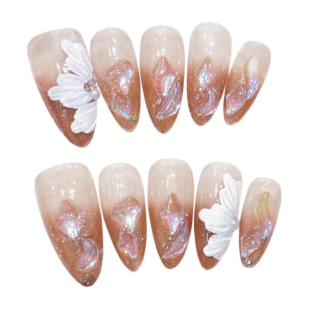 10Pcs Almond Shape Rhinestone Fake Nails with Aurora Blush Design for Women