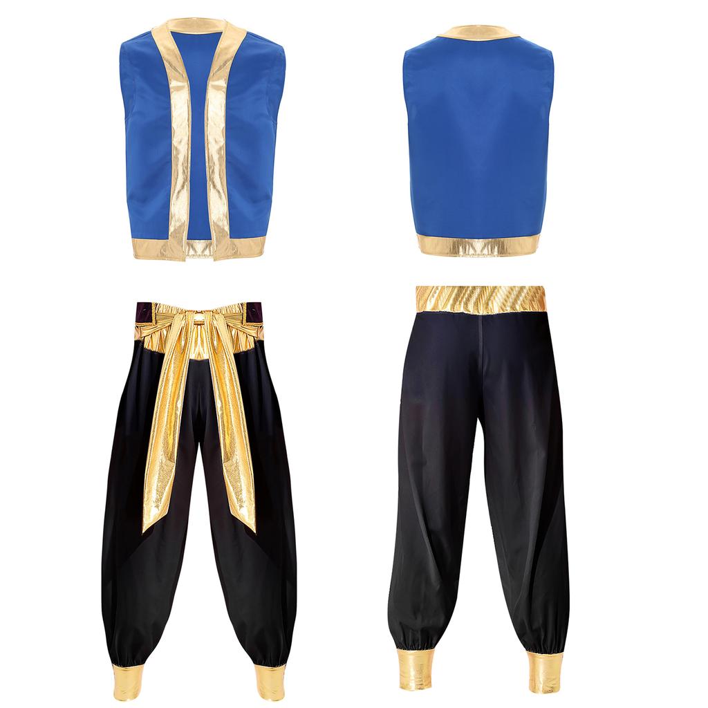 Mens Arabian Prince Costume Metallic Shiny Trim Open Front Vest Long Pants Halloween 2 Piece Set