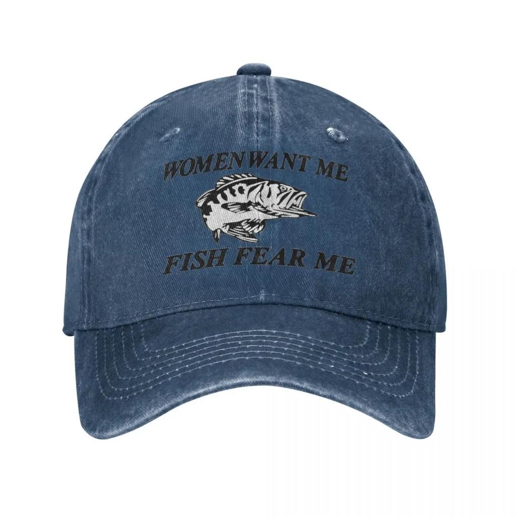 Women Want Me Fish Fear Me Fishing Unisex Style Baseball Cap Distressed Cotton Caps Hat Fashion Outdoor Activities Sun Cap