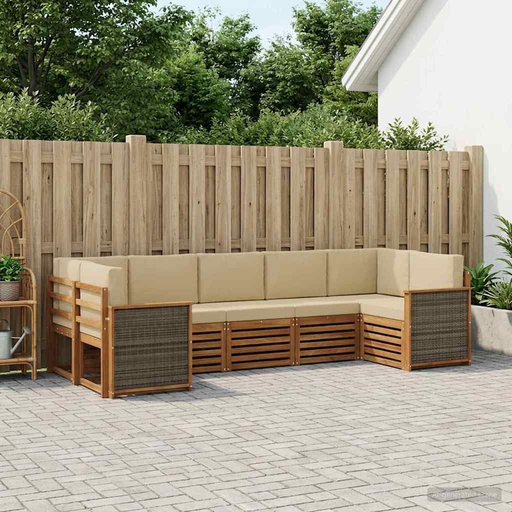 Modular Outdoor Sofa Set 6 pcs Natural Solid Acacia Wood and Polyester