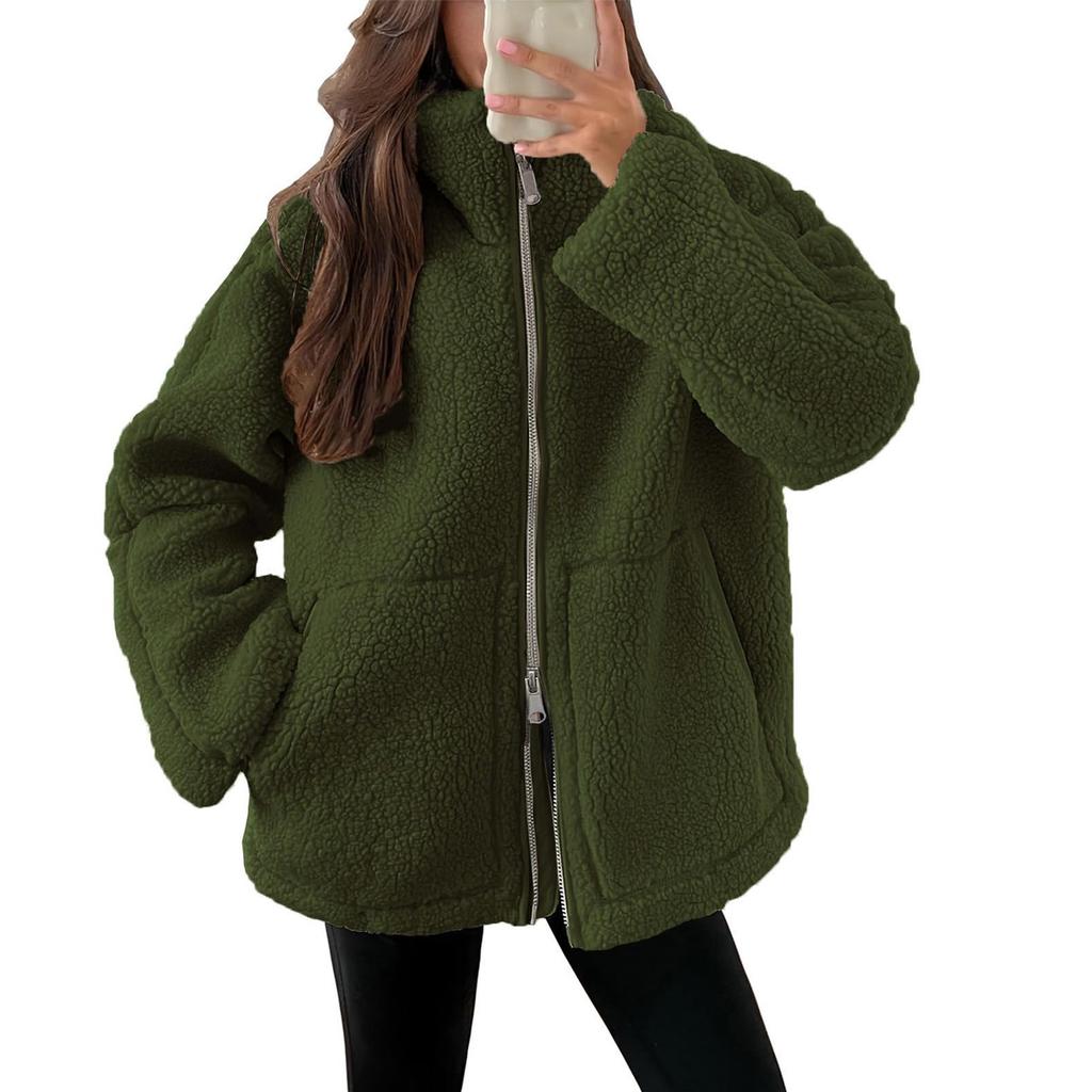 Женская плюшевая куртка, повседневная, с длинным рукавом, большого размера, теплая, с двойной молнией, зимняя, плюшевая куртка