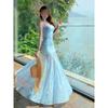 Seaside Vacation Wind Blue Floral Mesh Suspender Dress Women's Summer Beautiful Hip-wrapped Fishtail Long Skirt