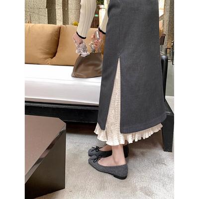 Версия из овчины~ кожаные туфли-балетки с квадратным носком, плоской подошвой и бантом, женские туфли для бабушек, офисная обувь для通勤