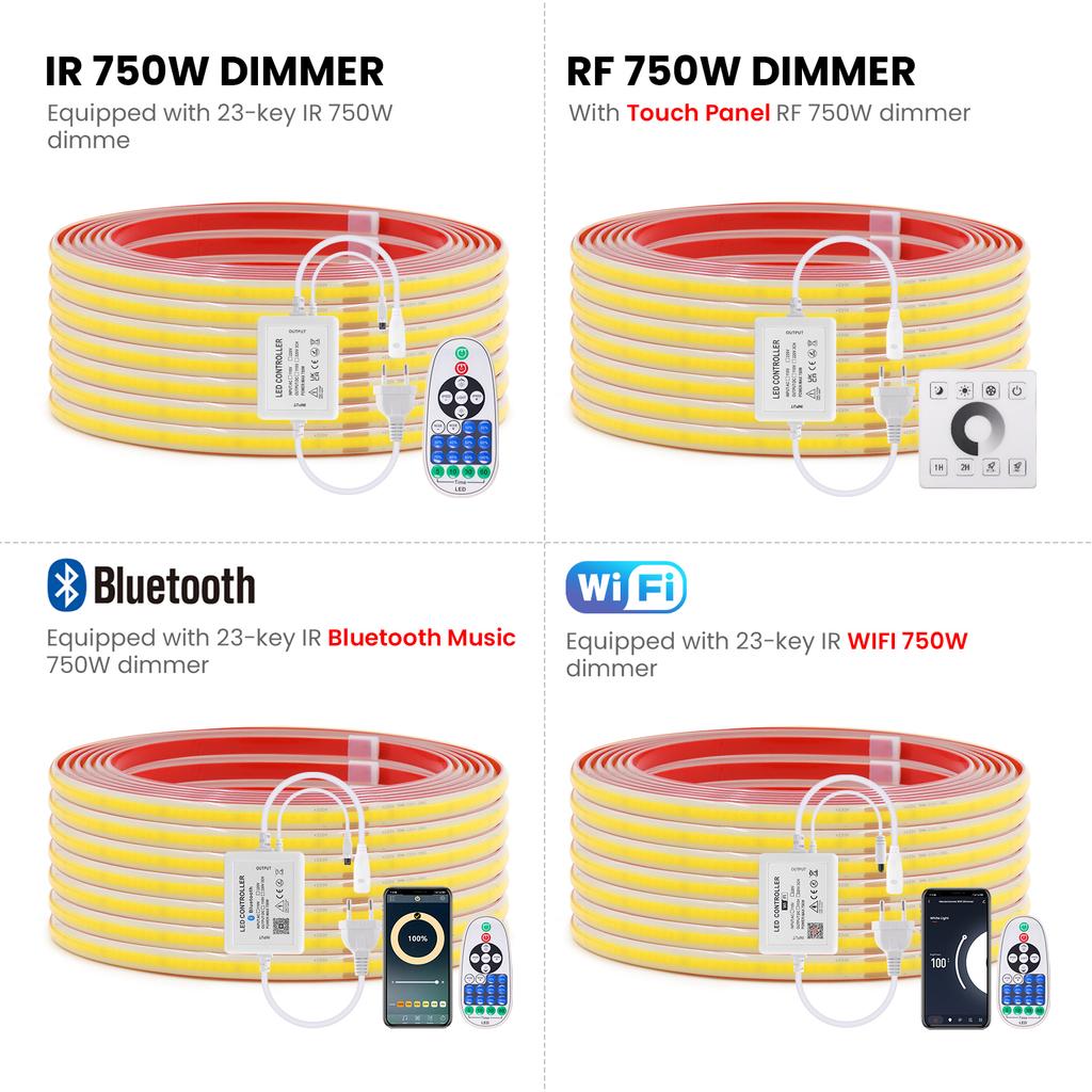 Tuya WiFi Bluetooth 220V Диммируемая COB Светодиодная Лента Гибкая Лента 288 светодиодов Плотность Линейная IP67 Водонепроницаемая Световая Веревка