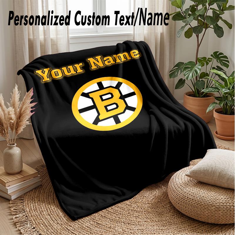 Boston Bruins Custom Flannel Throw Blanket Print Your Name Text Soft Warm Blanket Holiday Present