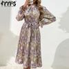 Women's Fashion Spring Fall Flower Pattern Print Long Sleeve Half Turtleneck High Waist Casual Dresses
