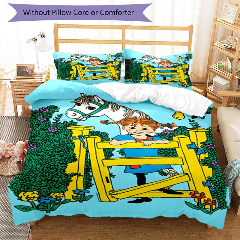 3pcs Pippi Longstocking pattern bedding set duvet cover set includes duvet cover &pillowcases, perfect all season bedroom decoration & gift