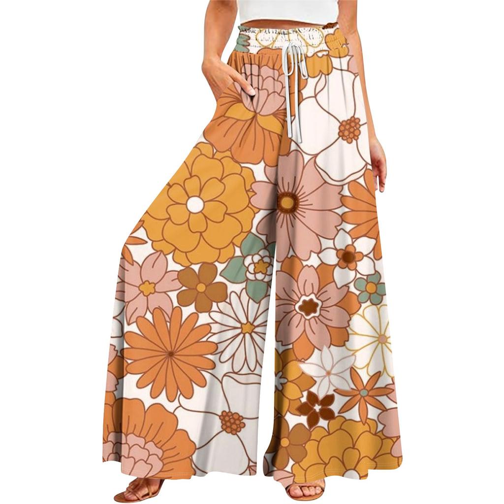 Women's Summer Wide Leg Pants High Waisted Flowing Pockets Fashion Casual Casual Bohemian Printed Beach Pants