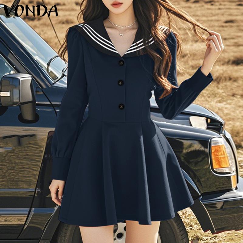 VONDA Женские летние полосатые платья с длинным рукавом и лацканами