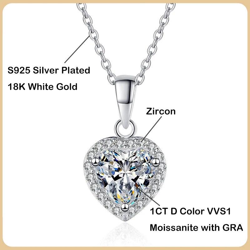 New Luxury Real 1CT Moissanite Heart Pendant Necklace for Woman Lovers S925 Sterling Silver Diamond Neck Chain Necklaces Gift
