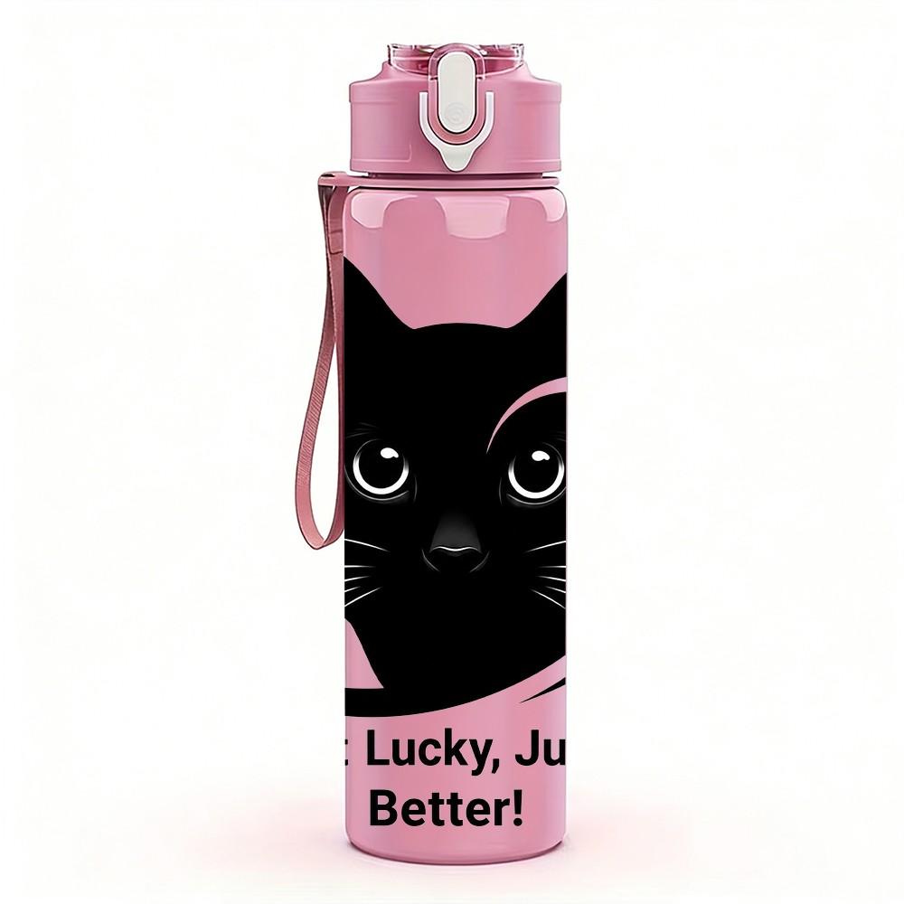 1PC Not Lucky Just Bad Black Cat Pattern 750ml Color Plastic Sports Water Bottle Leakproof Flip Straw Lid Suitable for Sports Office Home Use