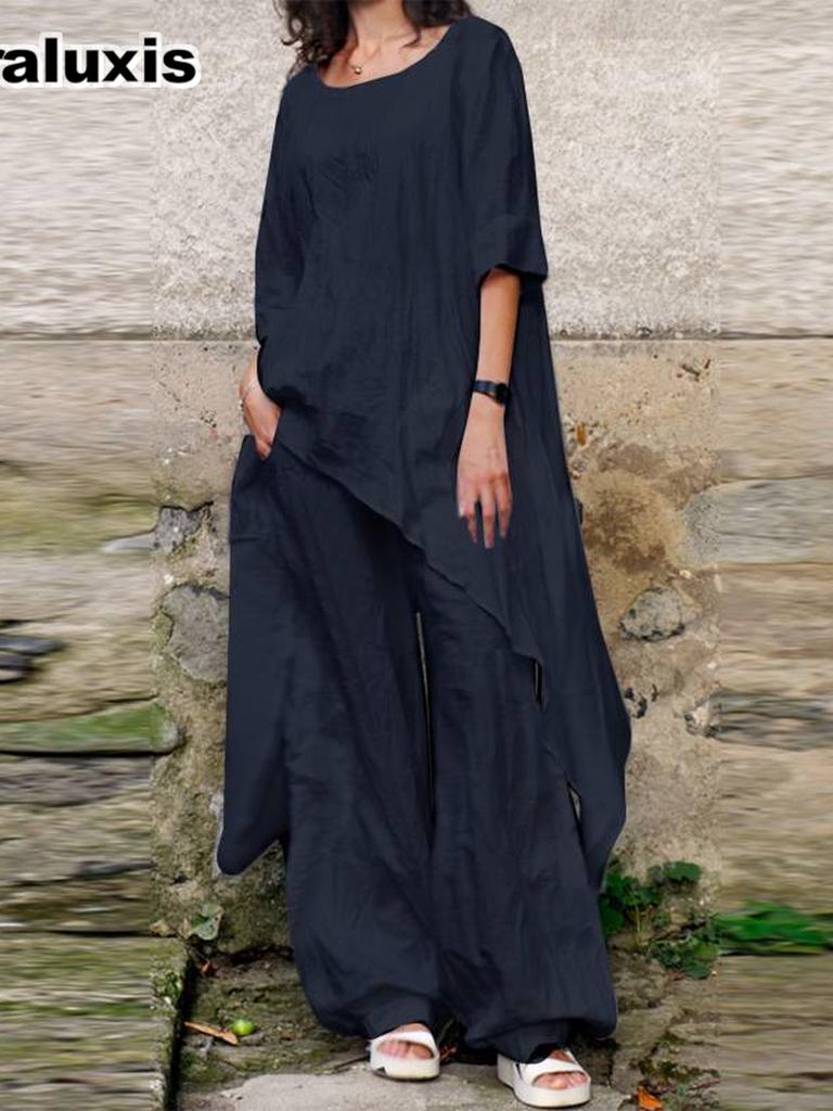 Повседневная свободная блузка/рубашка с неровным подолом, круглым вырезом и рукавом 3/4, набор из хлопка и льна, весна/лето