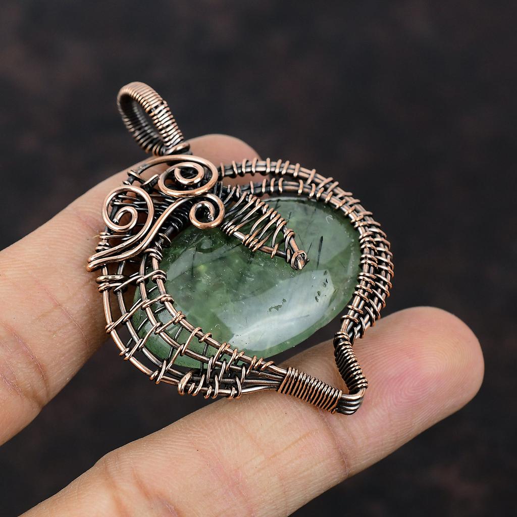 Подвеска из мха и пренита, подвеска из медной проволоки, ручная работа, подвеска из настоящего драгоценного камня, ювелирное изделие, обернутое медной проволокой, уникальный кулон, подарок для жены